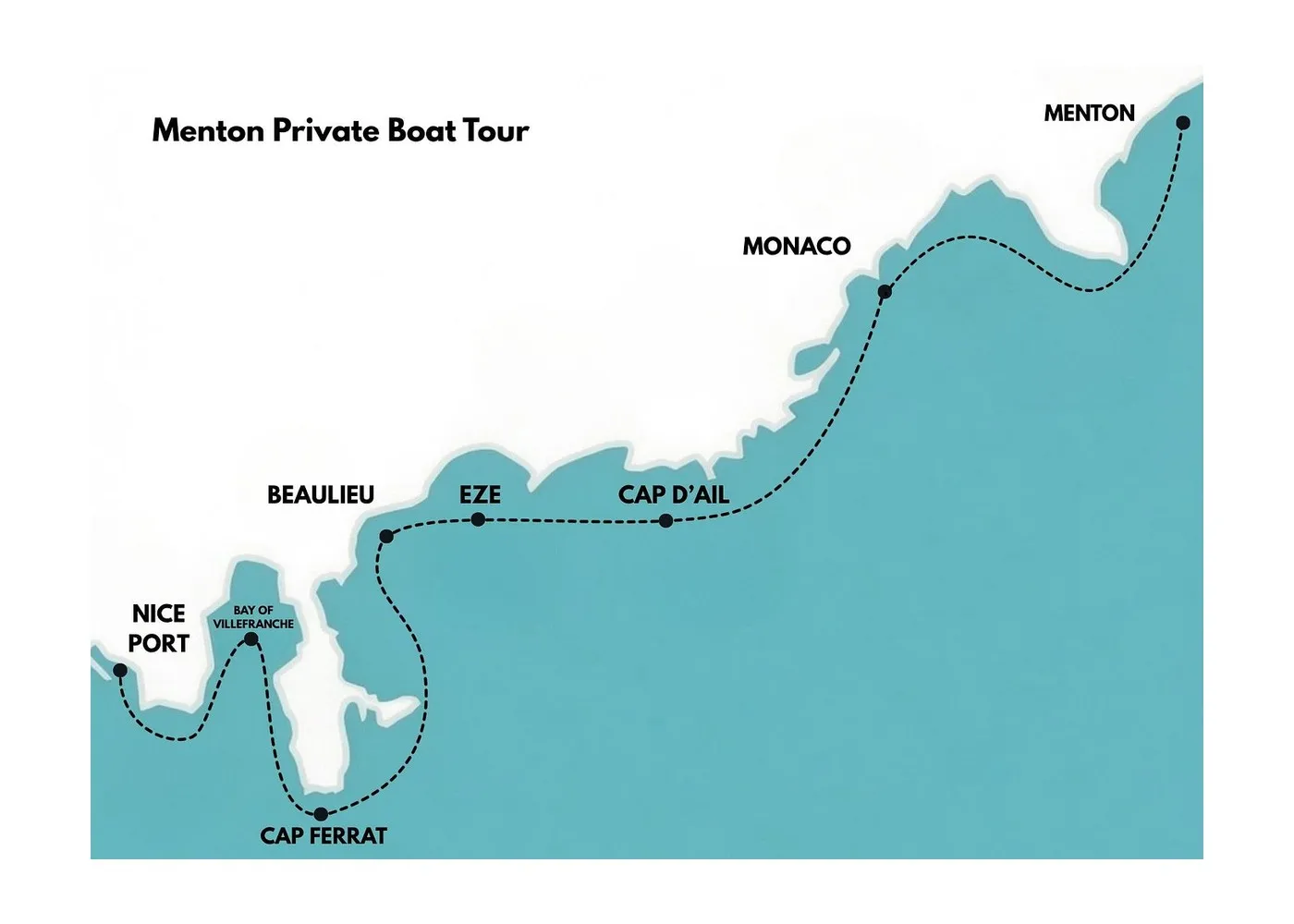 Menton private boat tour itinerary map from Nice Port
